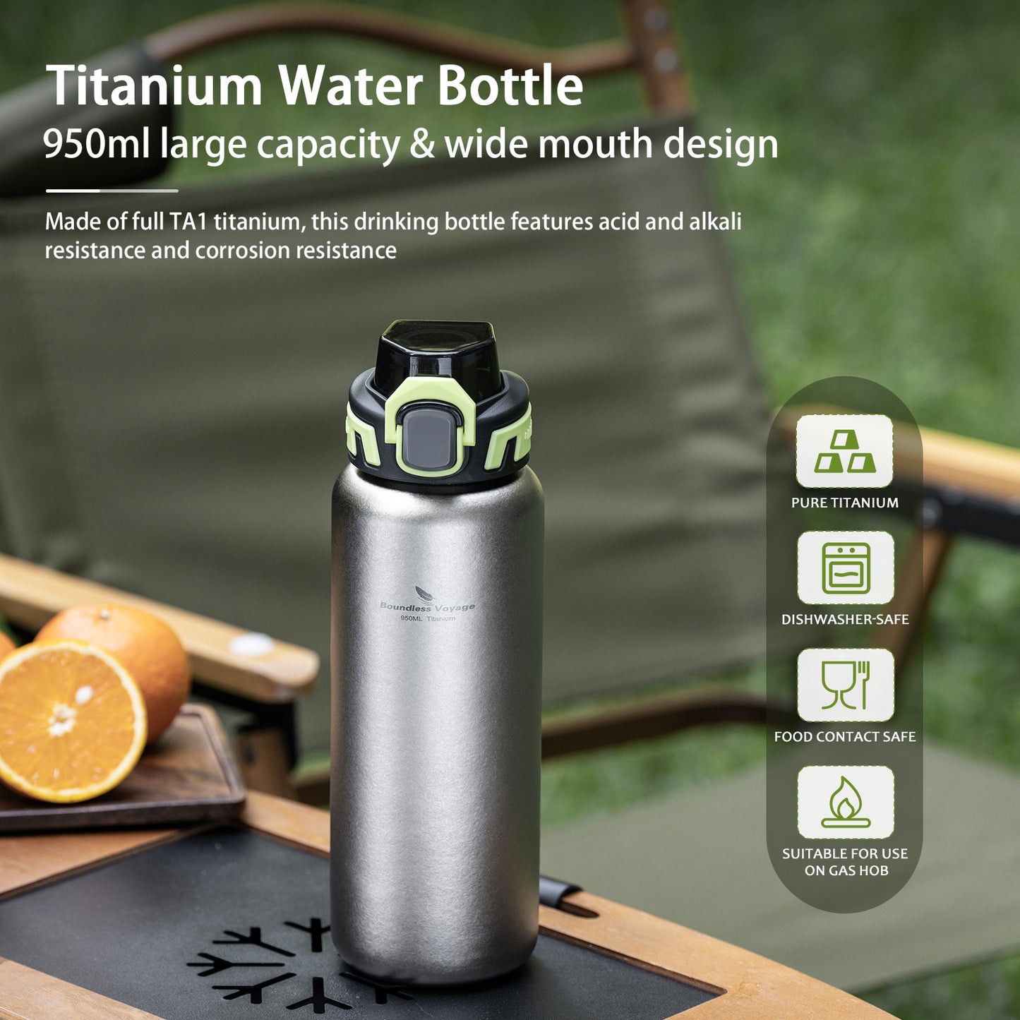 Boundless Voyage 950ml Titanium Water Bottle with Lids – TA1 Ultralight Wide Mouth Canteen for Hiking, Camping & Travel