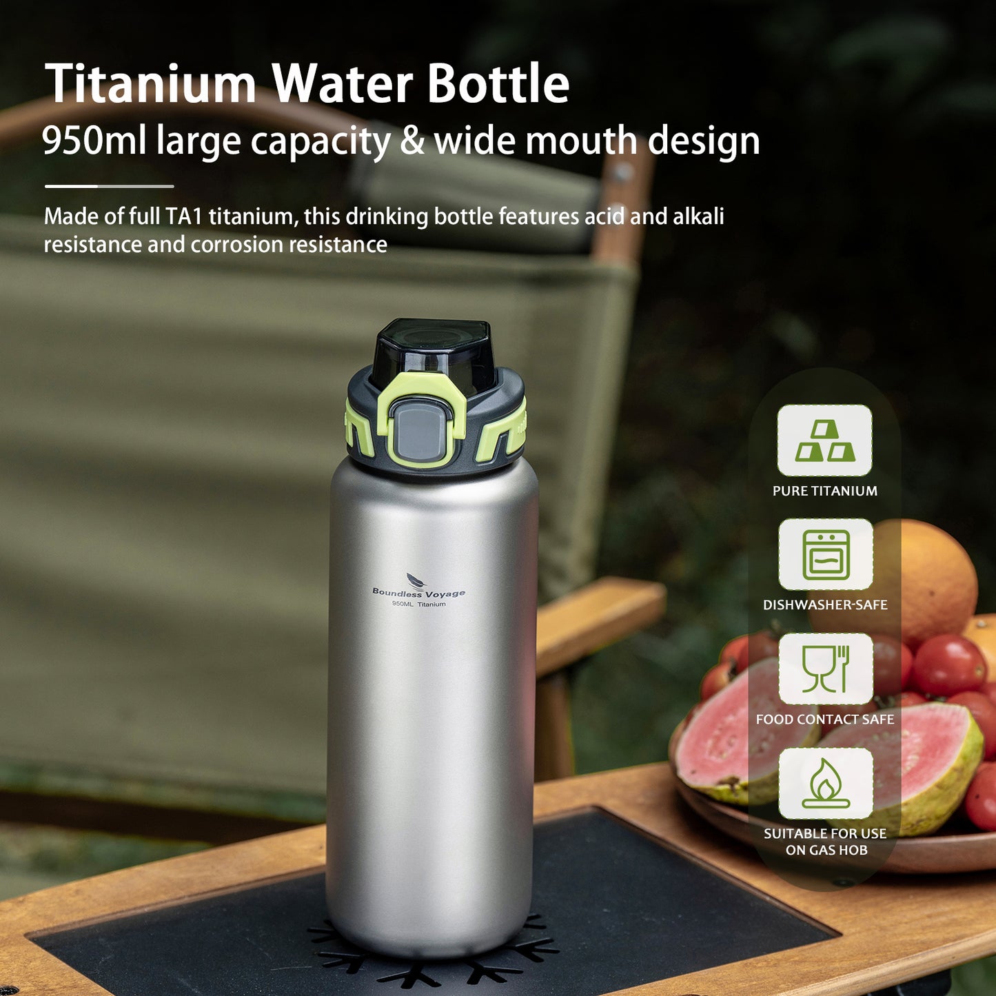 Boundless Voyage 950ml Titanium Water Bottle with Lids – TA1 Ultralight Wide Mouth Canteen for Hiking, Camping & Travel