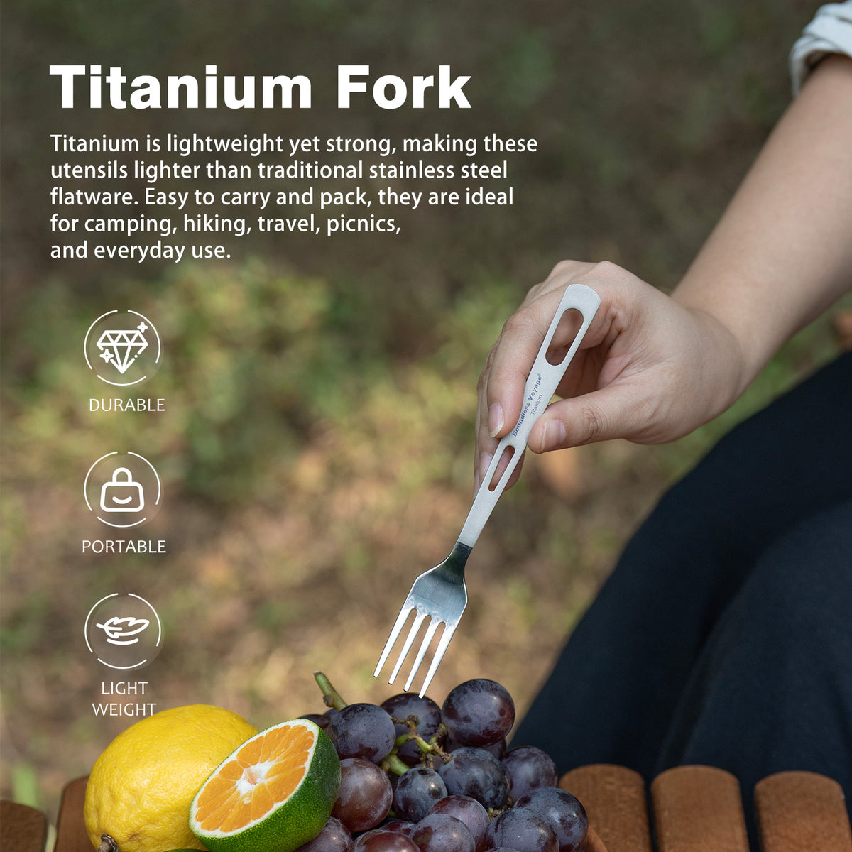 Boundless Voyage Titanium Fork – 11.6g Ultralight TA1 Titanium Camping Fork for Backpacking, Hiking, Travel & Everyday Use