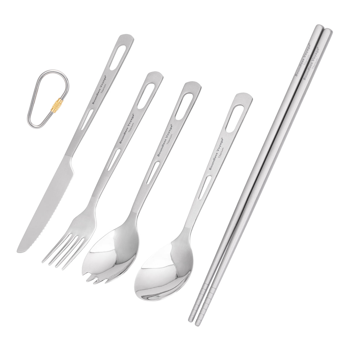 Boundless Voyage 6-Piece Titanium Cutlery Set – Ultralight TA1 Titanium Spoon, Fork, Knife, Spork & Chopsticks for Camping & Travel