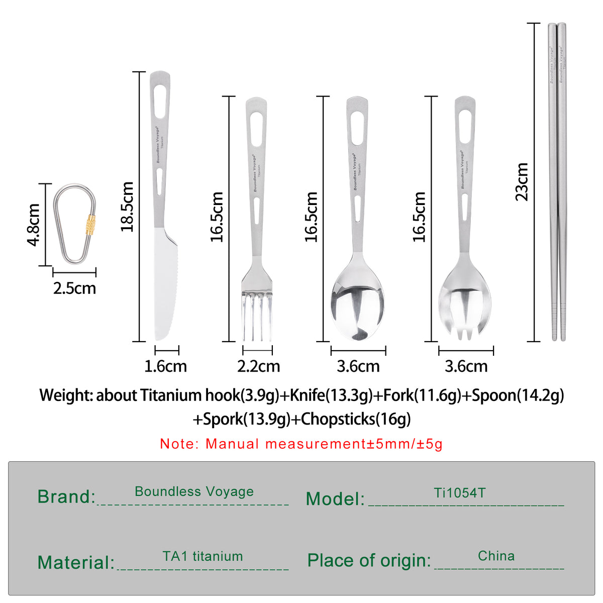 Boundless Voyage 6-Piece Titanium Cutlery Set – Ultralight TA1 Titanium Spoon, Fork, Knife, Spork & Chopsticks for Camping & Travel