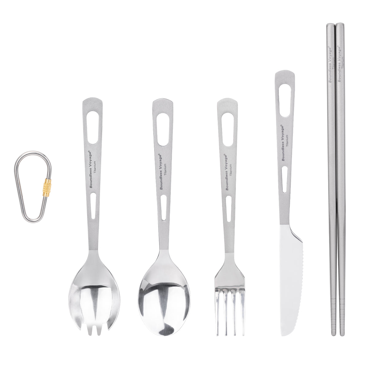 Boundless Voyage 6-Piece Titanium Cutlery Set – Ultralight TA1 Titanium Spoon, Fork, Knife, Spork & Chopsticks for Camping & Travel