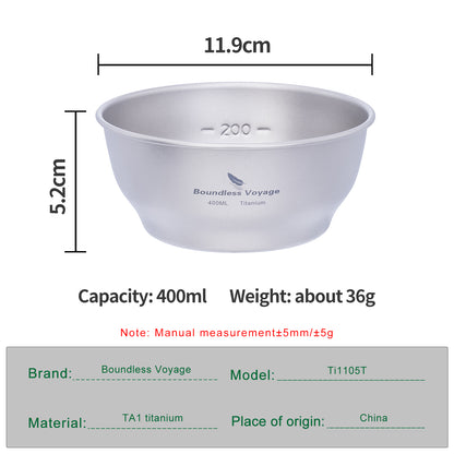 Boundless Voyage Camping Titanium Single-Walled Bowls Lightweight Dish Plate Outdoor Tableware 400ml