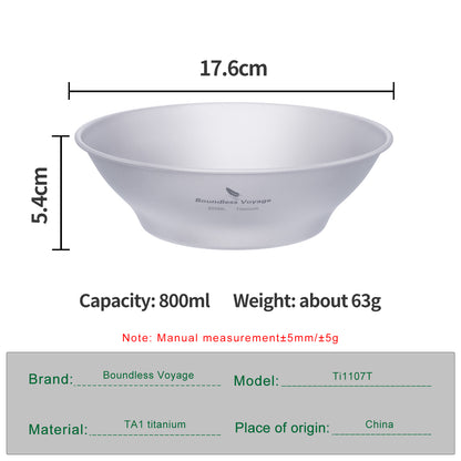 Boundless Voyage Camping Titanium Single-Walled Bowls Lightweight Dish Plate Outdoor Tableware 800ml