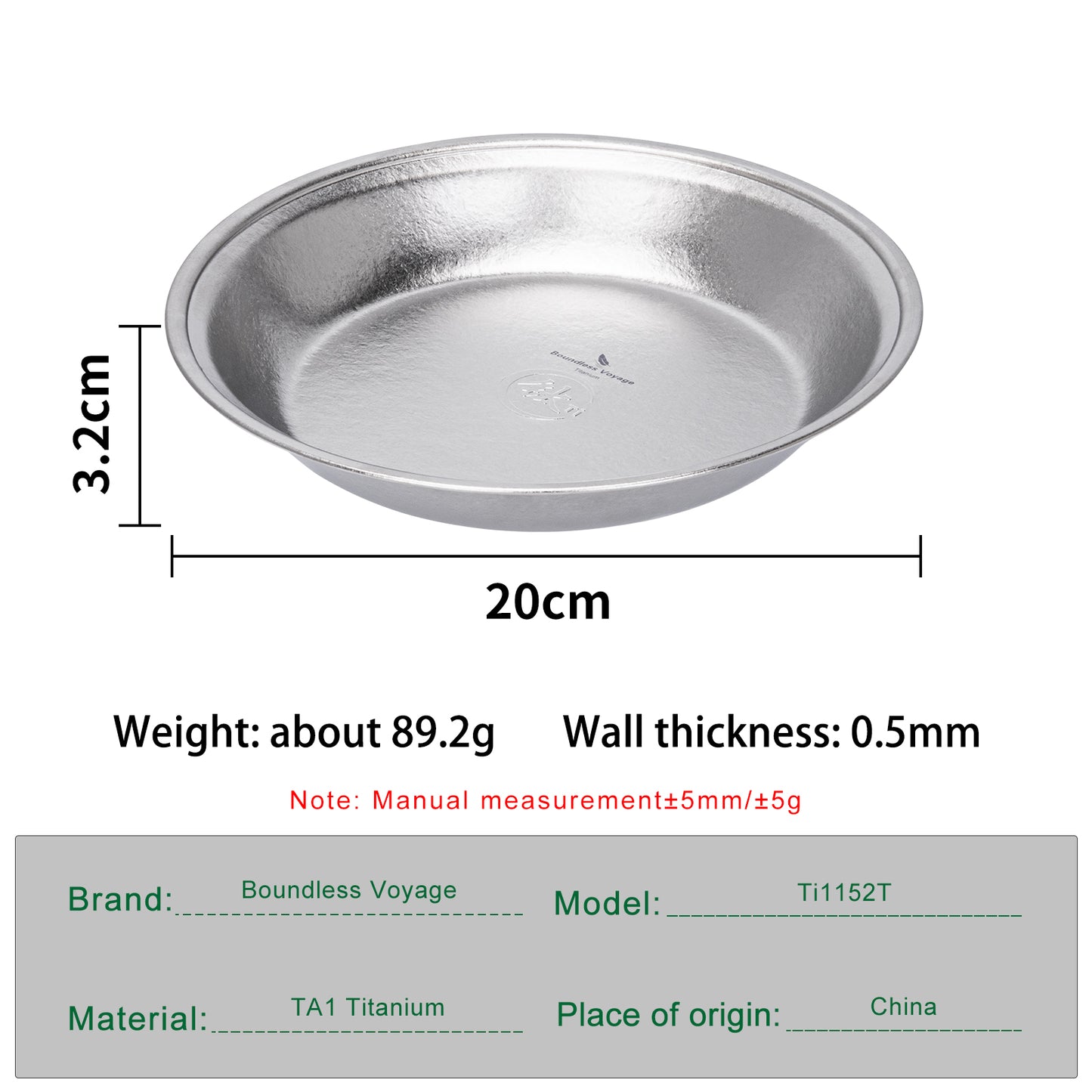 Boundless Voyage TA1 Titanium Dinner Plate – 20cm Lightweight Metal Plate for Camping, Picnic, Travel & Home