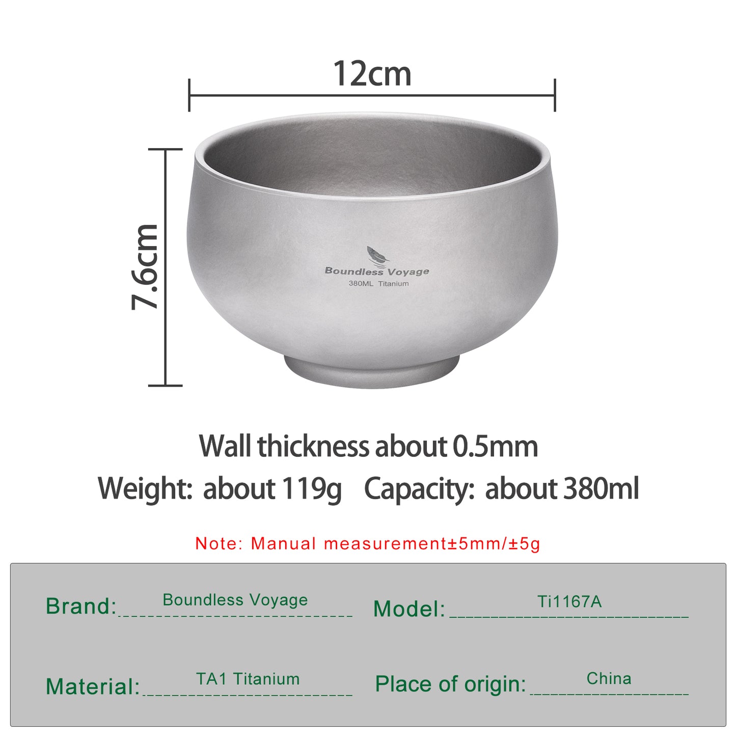 Boundless Voyage Double-Wall Titanium Bowl 380ml – Ultralight Insulated Camping Bowl | No-Burn Grip, Pure Titanium, Built for Backpacking & Outdoor Cooking