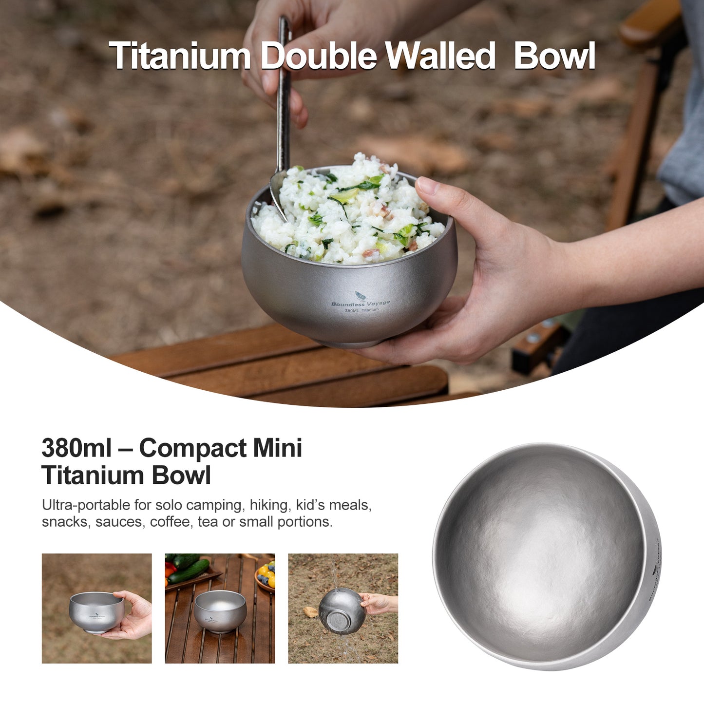 Boundless Voyage Double-Wall Titanium Bowl 380ml – Ultralight Insulated Camping Bowl | No-Burn Grip, Pure Titanium, Built for Backpacking & Outdoor Cooking