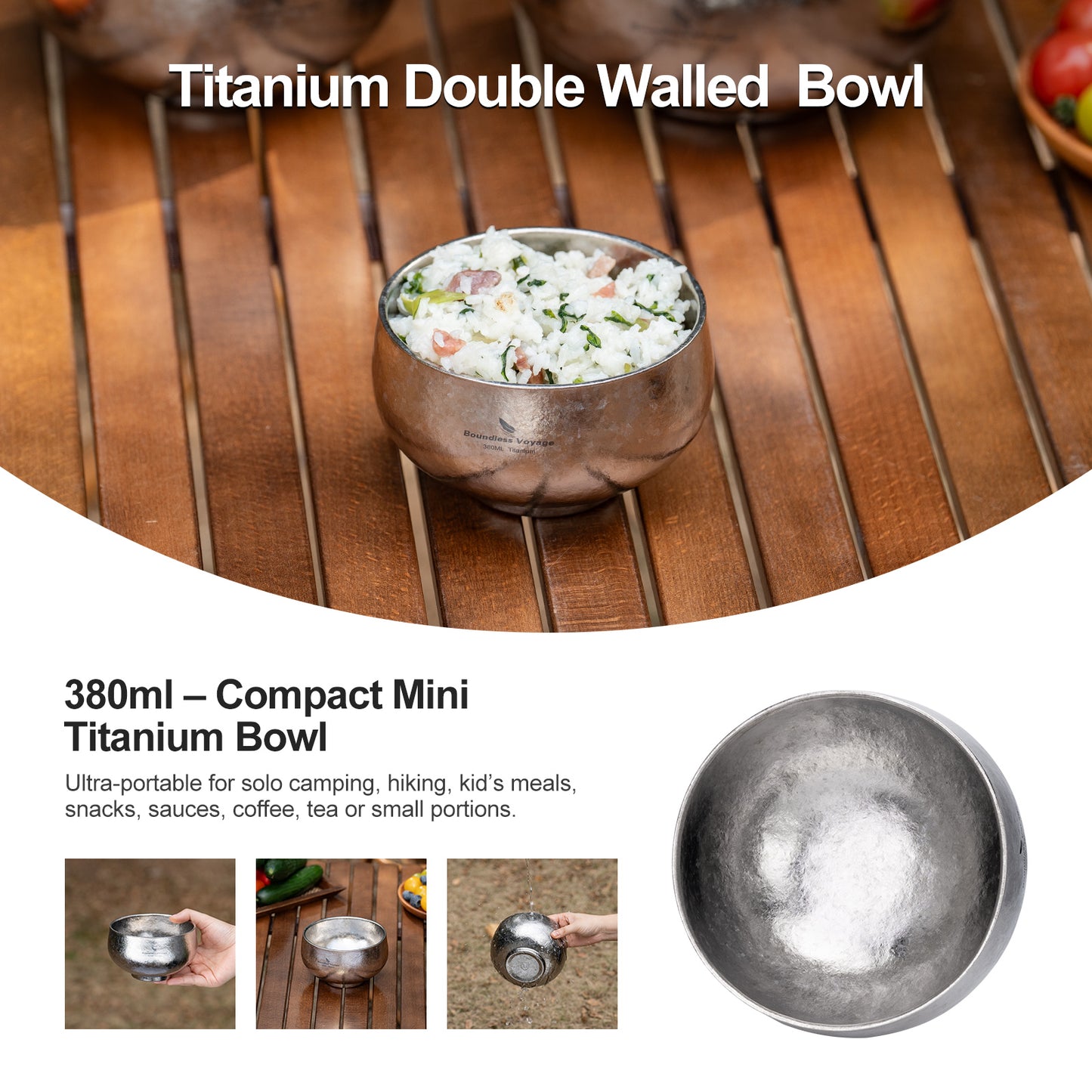 Boundless Voyage Double-Wall Titanium Bowl 380ml – Ultralight Insulated Camping Bowl | No-Burn Grip, Pure Titanium, Built for Backpacking & Outdoor Cooking