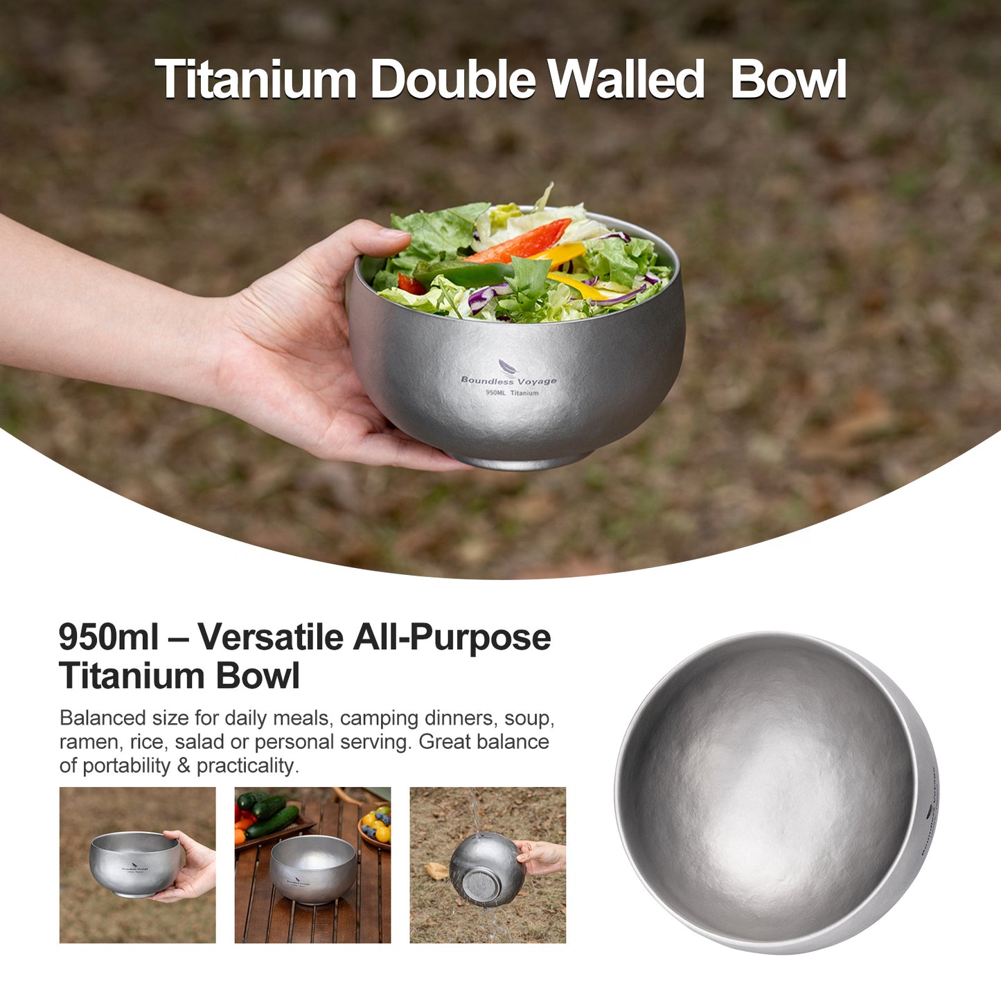 Boundless Voyage 950ml Double-Wall Titanium Bowl – Ultralight Insulated Camping Bowl | Large Capacity, No-Burn Grip, Pure Titanium for Backpacking & Outdoor Meals
