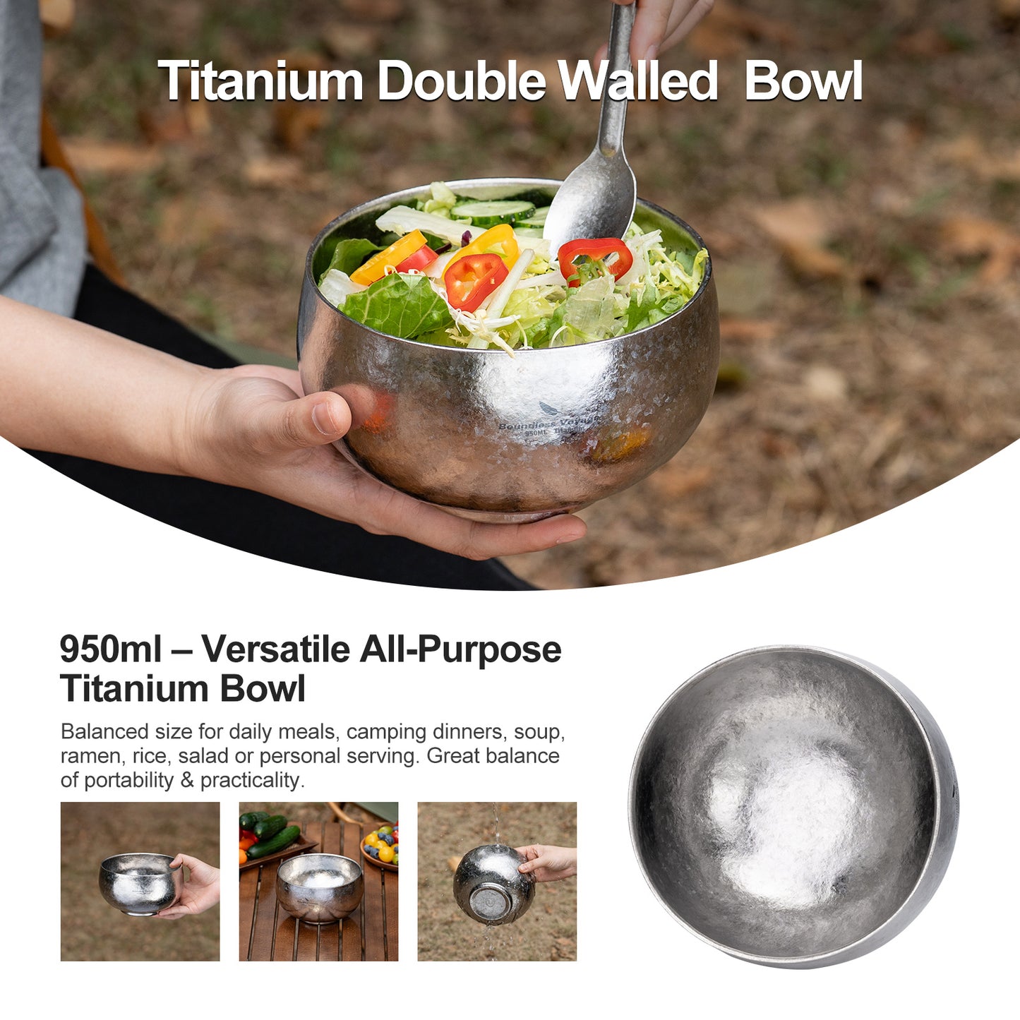 Boundless Voyage 950ml Double-Wall Titanium Bowl – Ultralight Insulated Camping Bowl | Large Capacity, No-Burn Grip, Pure Titanium for Backpacking & Outdoor Meals
