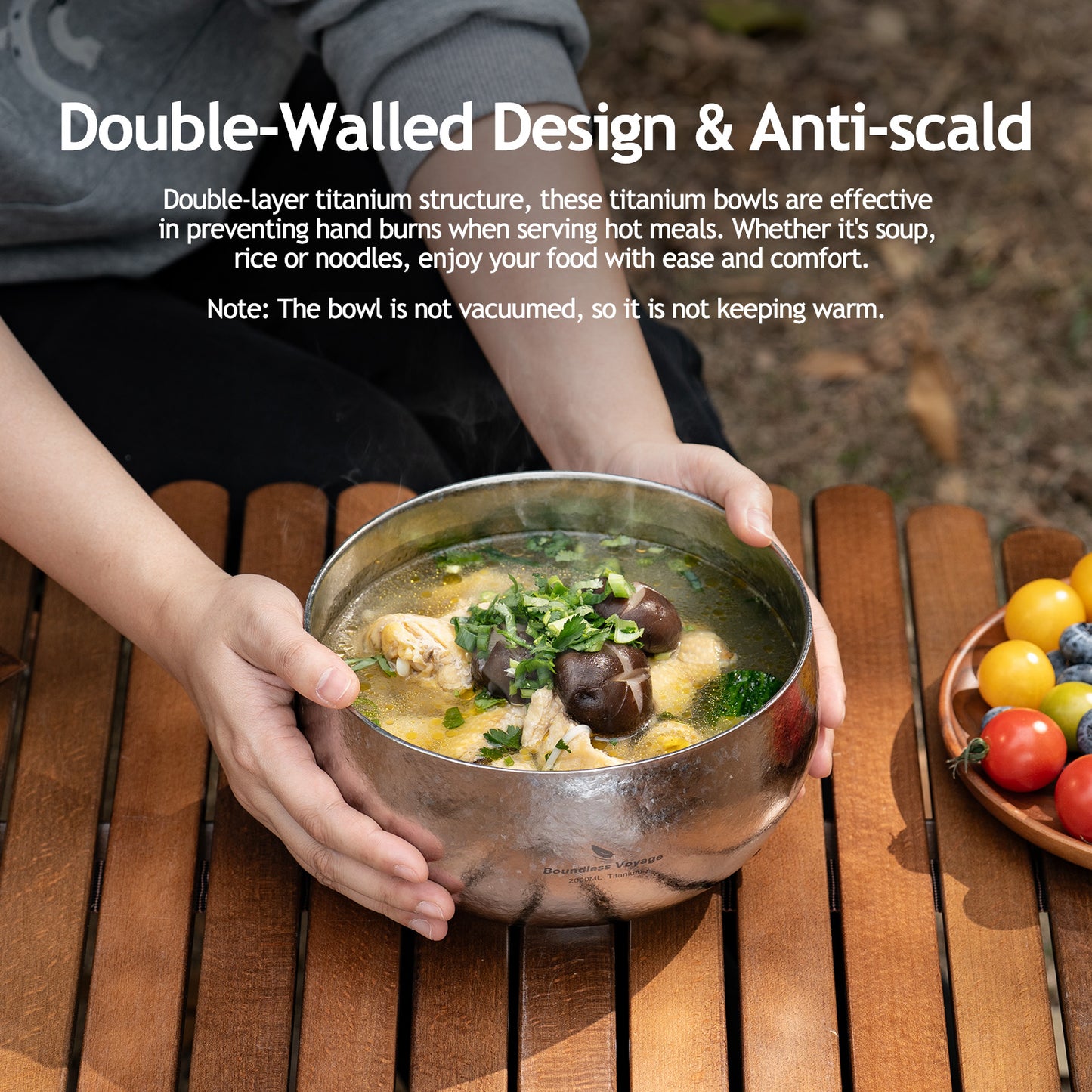 Boundless Voyage 2000ml Double-Wall Titanium Bowl – Extra-Large Ultralight Camping Bowl | Insulated No-Burn Grip, Pure Titanium for Group Meals & Outdoor Cooking