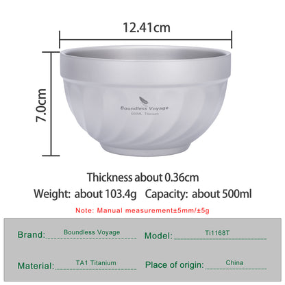 Boundless Voyage 500mlTitanium Double Walled Bowl Rice Soup Oatmeal Yogurt Serving Bowl Ultralight Outdoor Camping Travel Durable Portable Tableware