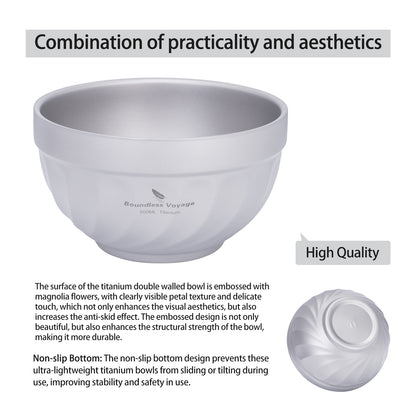 Boundless Voyage 500mlTitanium Double Walled Bowl Rice Soup Oatmeal Yogurt Serving Bowl Ultralight Outdoor Camping Travel Durable Portable Tableware