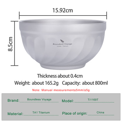 Boundless Voyage 800ml Titanium Double Walled Bowl Rice Soup Oatmeal Yogurt Serving Bowl Ultralight Outdoor Camping Travel Durable Portable Tableware