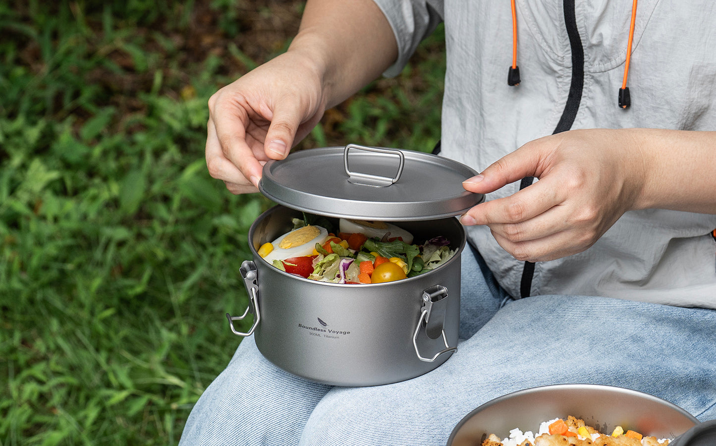Boundless Voyage 1500ml Titanium Food Storage Container – Multi-Functional Lunch Box & Steamer with Sealed & Vented Lids for Camping, Travel & Meal Prep