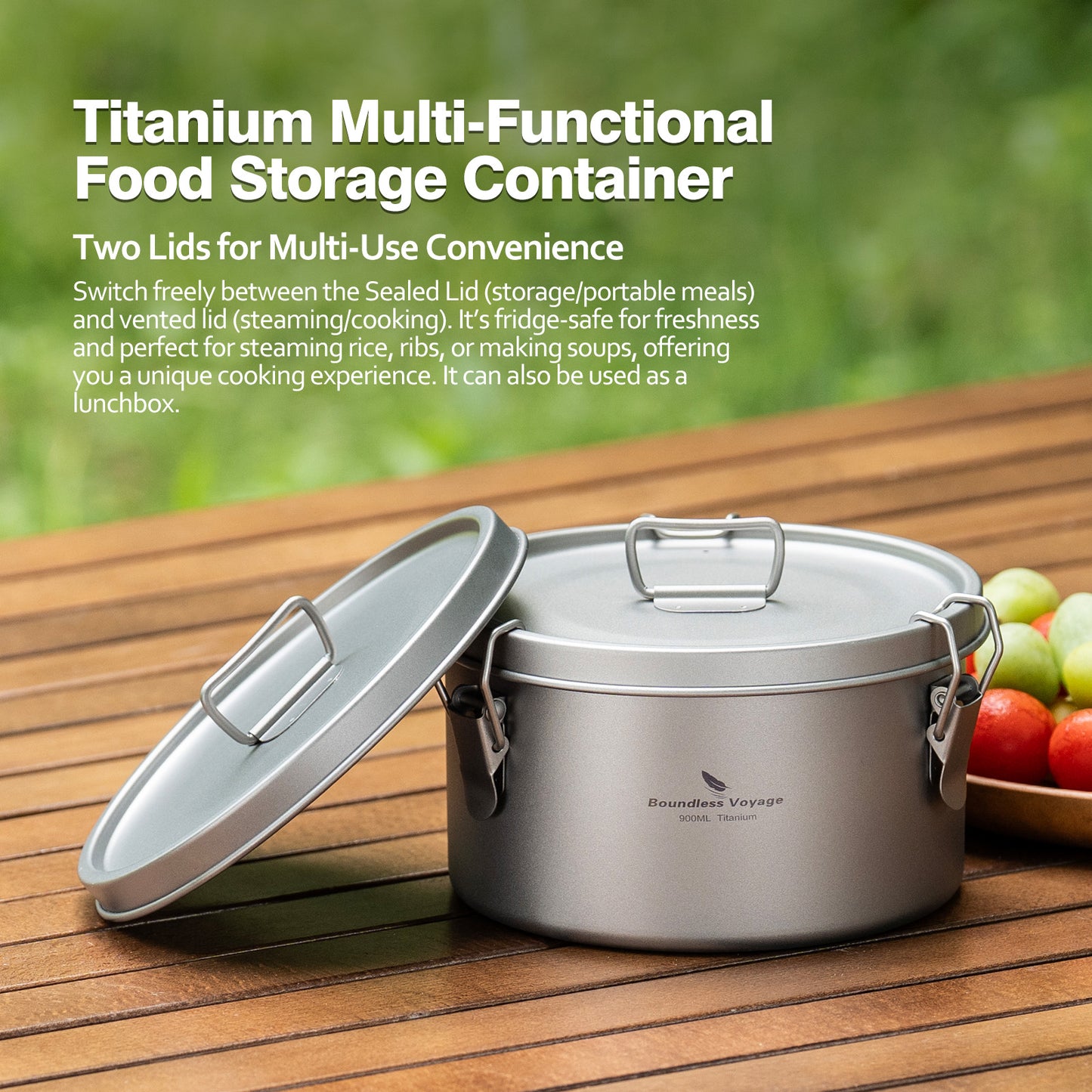 Boundless Voyage 1500ml Titanium Food Storage Container – Multi-Functional Lunch Box & Steamer with Sealed & Vented Lids for Camping, Travel & Meal Prep