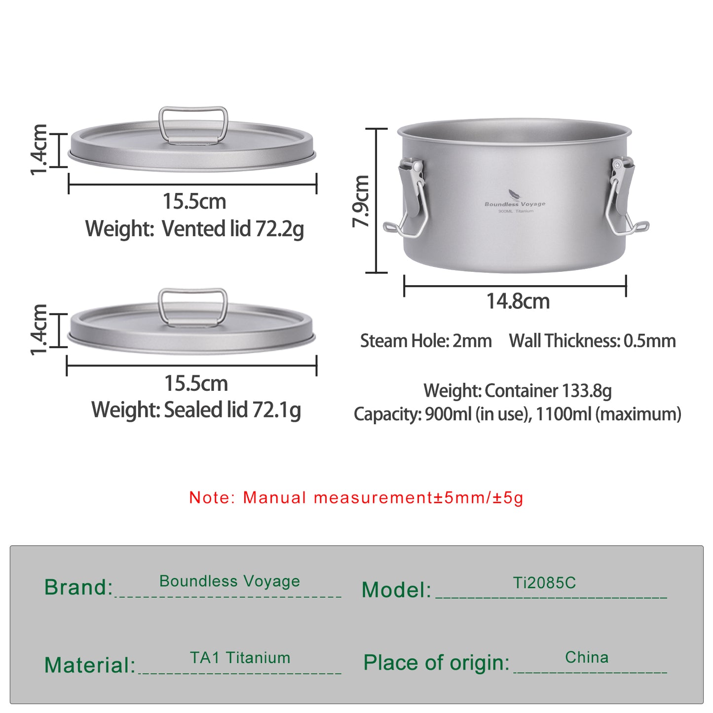Boundless Voyage 1500ml Titanium Food Storage Container – Multi-Functional Lunch Box & Steamer with Sealed & Vented Lids for Camping, Travel & Meal Prep