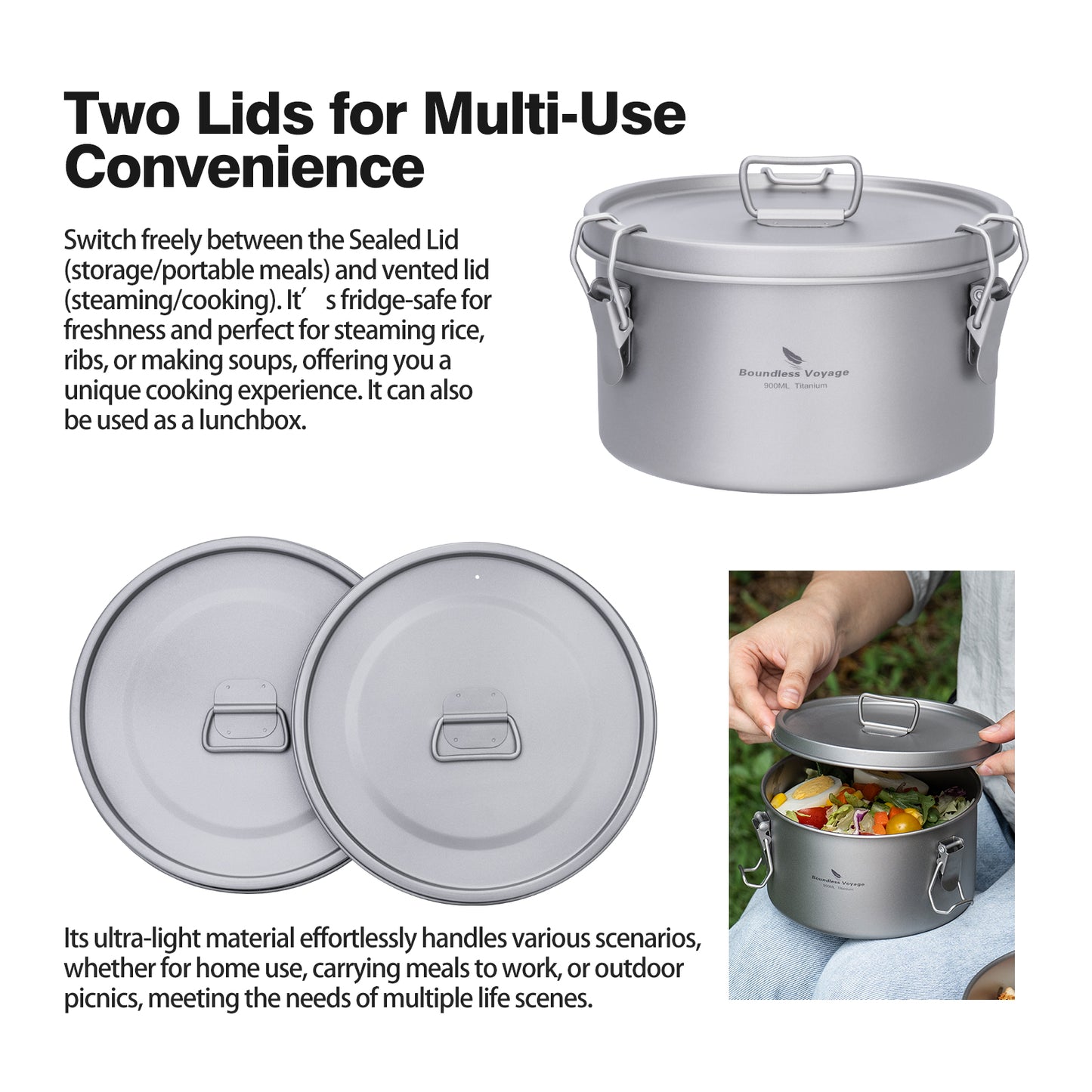 Boundless Voyage 1500ml Titanium Food Storage Container – Multi-Functional Lunch Box & Steamer with Sealed & Vented Lids for Camping, Travel & Meal Prep