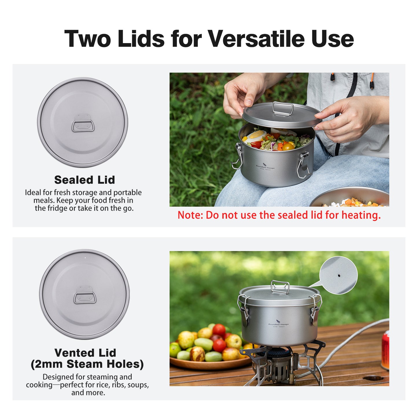 Boundless Voyage 1500ml Titanium Food Storage Container – Multi-Functional Lunch Box & Steamer with Sealed & Vented Lids for Camping, Travel & Meal Prep
