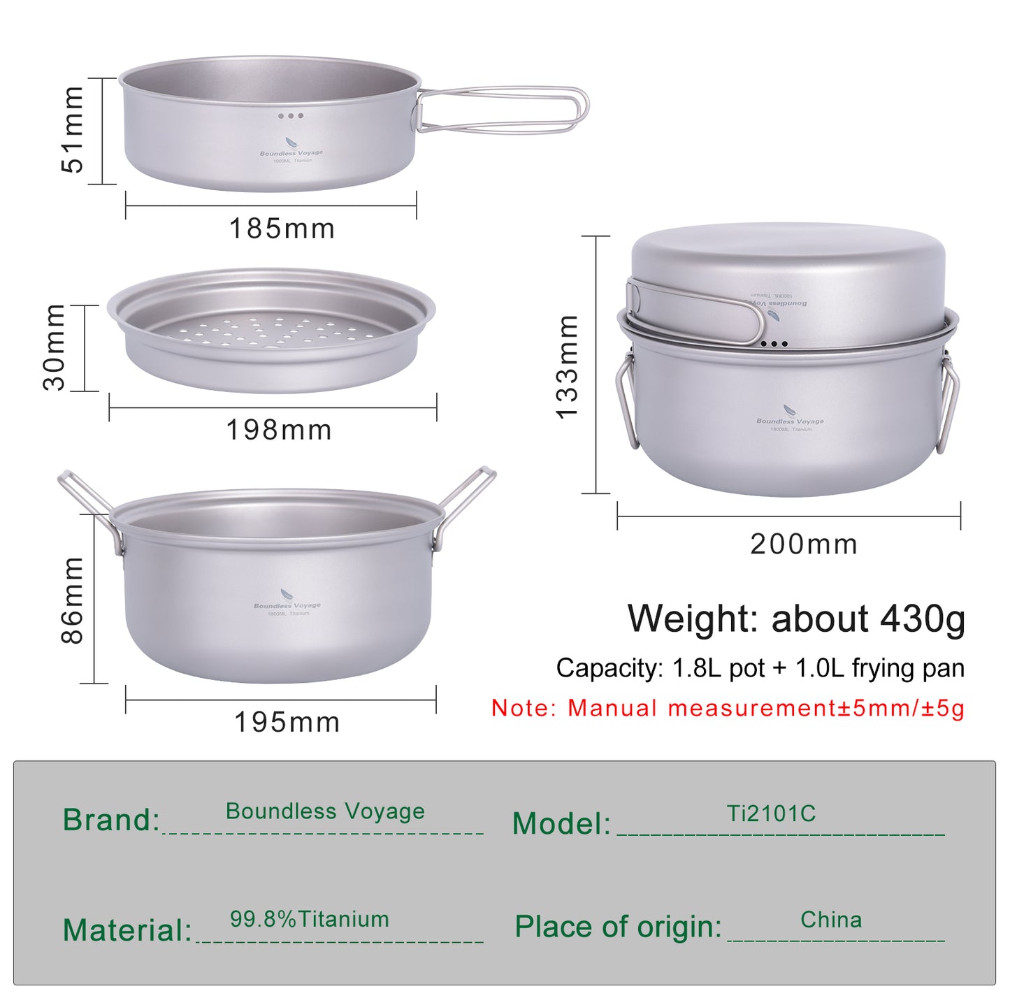 Boundless Voyage Titanium 1.8L Pot & 1000ml Frying Pan Set – Ultralight Steamer & Cookware for Camping, Hiking & Outdoor Cooking