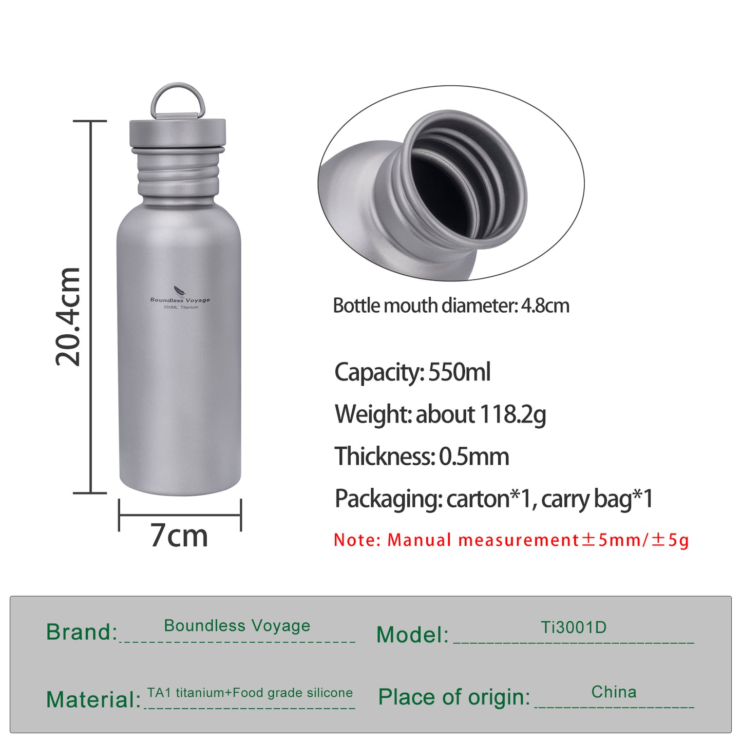 Boundless Voyage 550ml Titanium Water Bottle – Ultralight Wide Mouth Metal Bottle, Leakproof TA1 Titanium Canteen with Carry Bag for Camping, Hiking & Travel