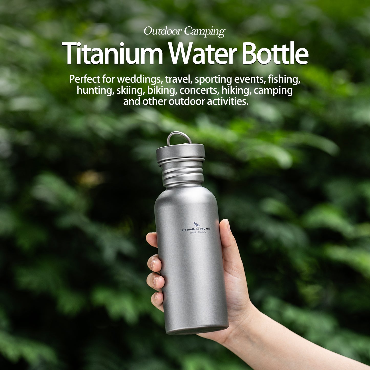 Boundless Voyage 550ml Titanium Water Bottle – Ultralight Wide Mouth Metal Bottle, Leakproof TA1 Titanium Canteen with Carry Bag for Camping, Hiking & Travel