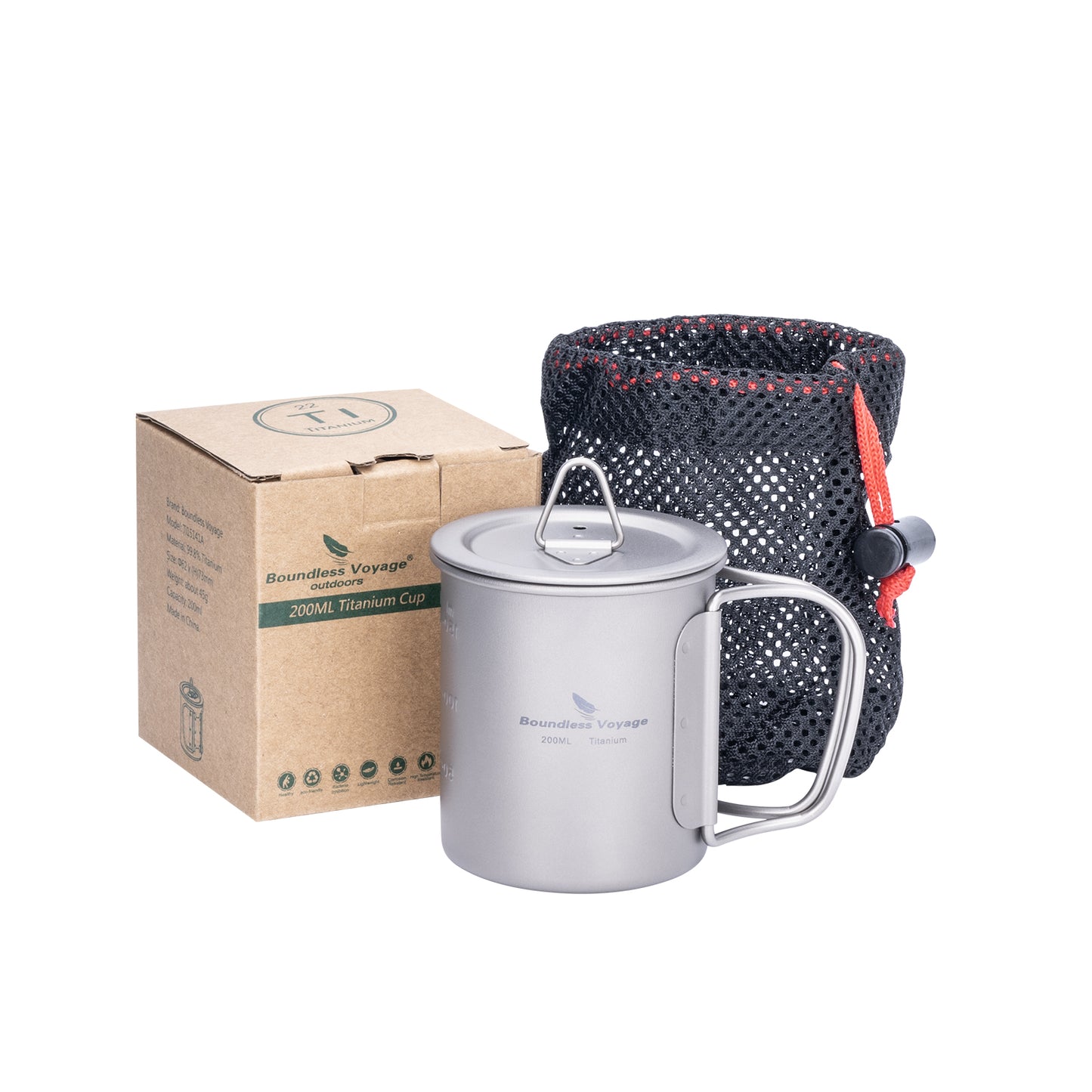 Unlimited Voyage 200ml Titanium Alloy Cup with Lid and Folding Handle for Outdoor Camping Ultra-Light Water Tea and Coffee Cup