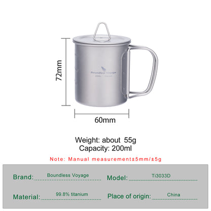 Unlimited Voyage 200ml Titanium Alloy Cup with Lid and Folding Handle for Outdoor Camping Ultra-Light Water Tea and Coffee Cup