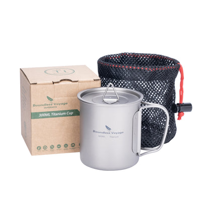 Unlimited Voyage 300ml Titanium Alloy Cup with Lid and Folding Handle for Outdoor Camping Ultra-Light Water Tea and Coffee Cup