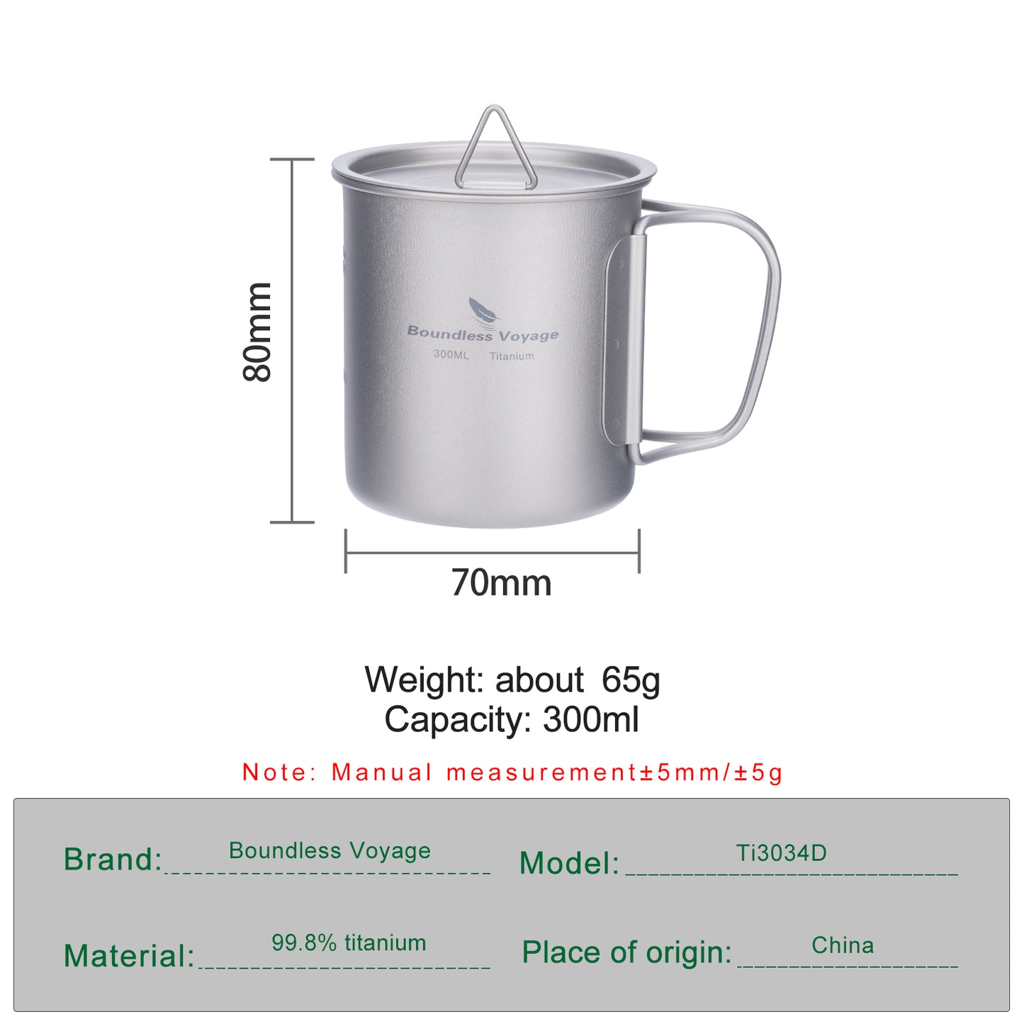 Unlimited Voyage 300ml Titanium Alloy Cup with Lid and Folding Handle for Outdoor Camping Ultra-Light Water Tea and Coffee Cup