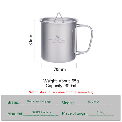 Unlimited Voyage 300ml Titanium Alloy Cup with Lid and Folding Handle for Outdoor Camping Ultra-Light Water Tea and Coffee Cup