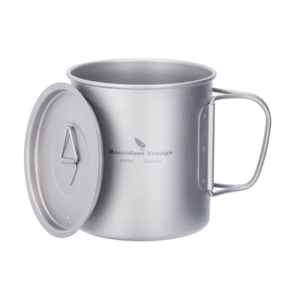 Unlimited Voyage 450ml Titanium Alloy Cup with Lid and Folding Handle for Outdoor Camping Ultra-Light Water Tea and Coffee Cup