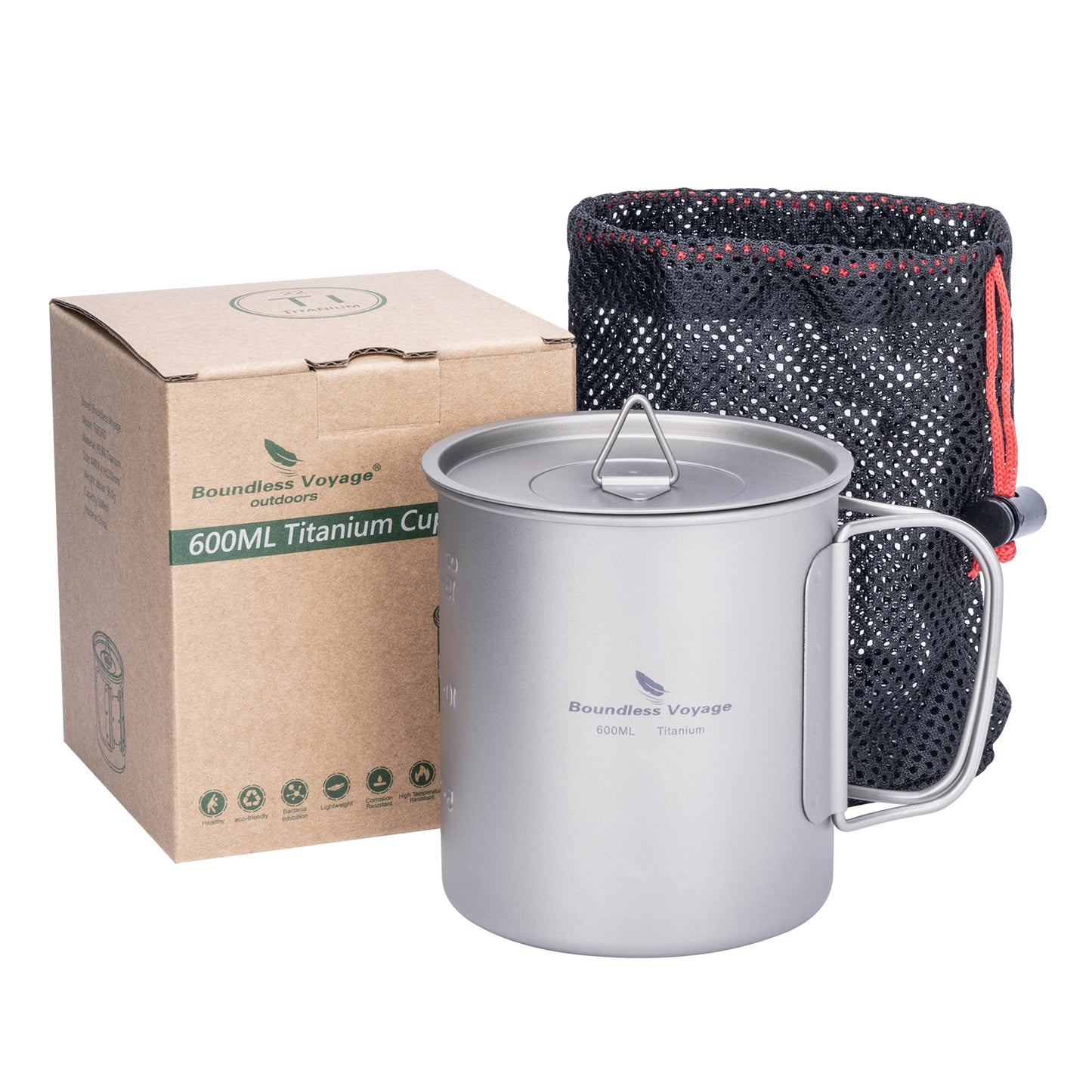 Unlimited Voyage 600ml Titanium Alloy Cup with Lid and Folding Handle for Outdoor Camping Ultra-Light Water Tea and Coffee Cup