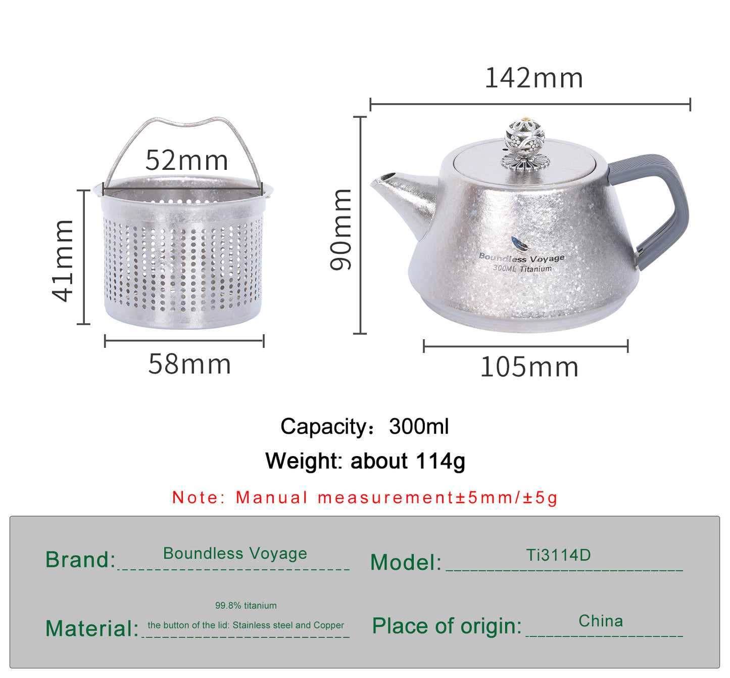 Boundless Voyage 300ml Ultralight Titanium Teapot | 114g Portable Side-Handle Tea Kettle with Filter Mesh | Camping, Hiking & Daily Use