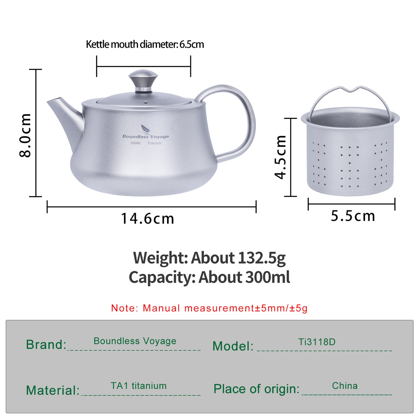 Boundless Voyage 300ml TA1 Titanium Mini Kettle – Ultralight Portable Coffee & Tea Pot for Camping, Hiking & Travel