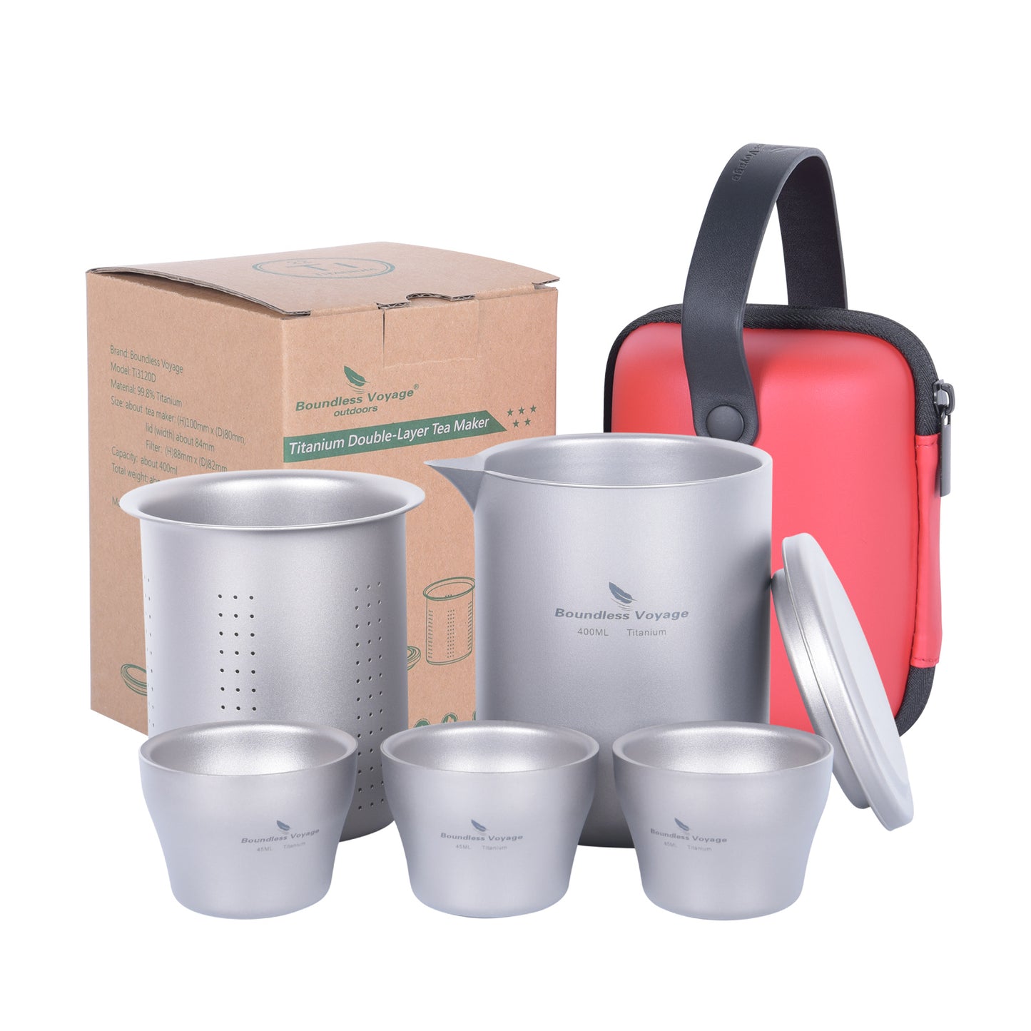 Boundless Voyage 400ml Titanium Double-Layer Tea Set | Insulated Teapot with 4pcs 40ml Anti-Scald Cups | Lightweight 168g Travel Tea Maker for Camping