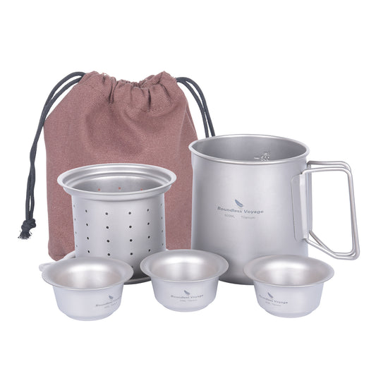 Boundless Voyage Titanium Mug Set 500ml with Lid & Filter – Ultralight Camping Cup with 2 Mini Teacups, Foldable Handle & Storage Bag for Outdoor Travel