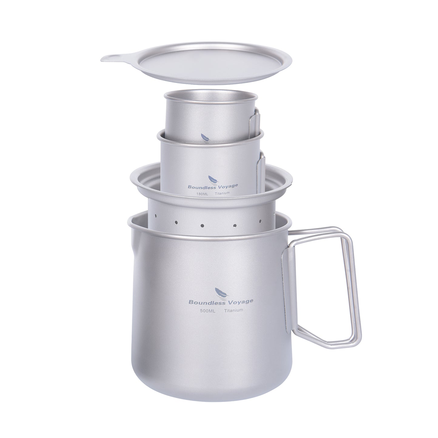 Boundless Voyage Titanium Pot, Camping Pot Titanium Cup Tianium Backpacking Pot with Partable Foldable Handles for Outdoor Camping Hiking Backpacking (500ml mugcup+small cups ×2)