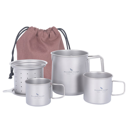 Boundless Voyage Titanium Pot, Camping Pot Titanium Cup Tianium Backpacking Pot with Partable Foldable Handles for Outdoor Camping Hiking Backpacking (500ml mugcup+small cups ×2)