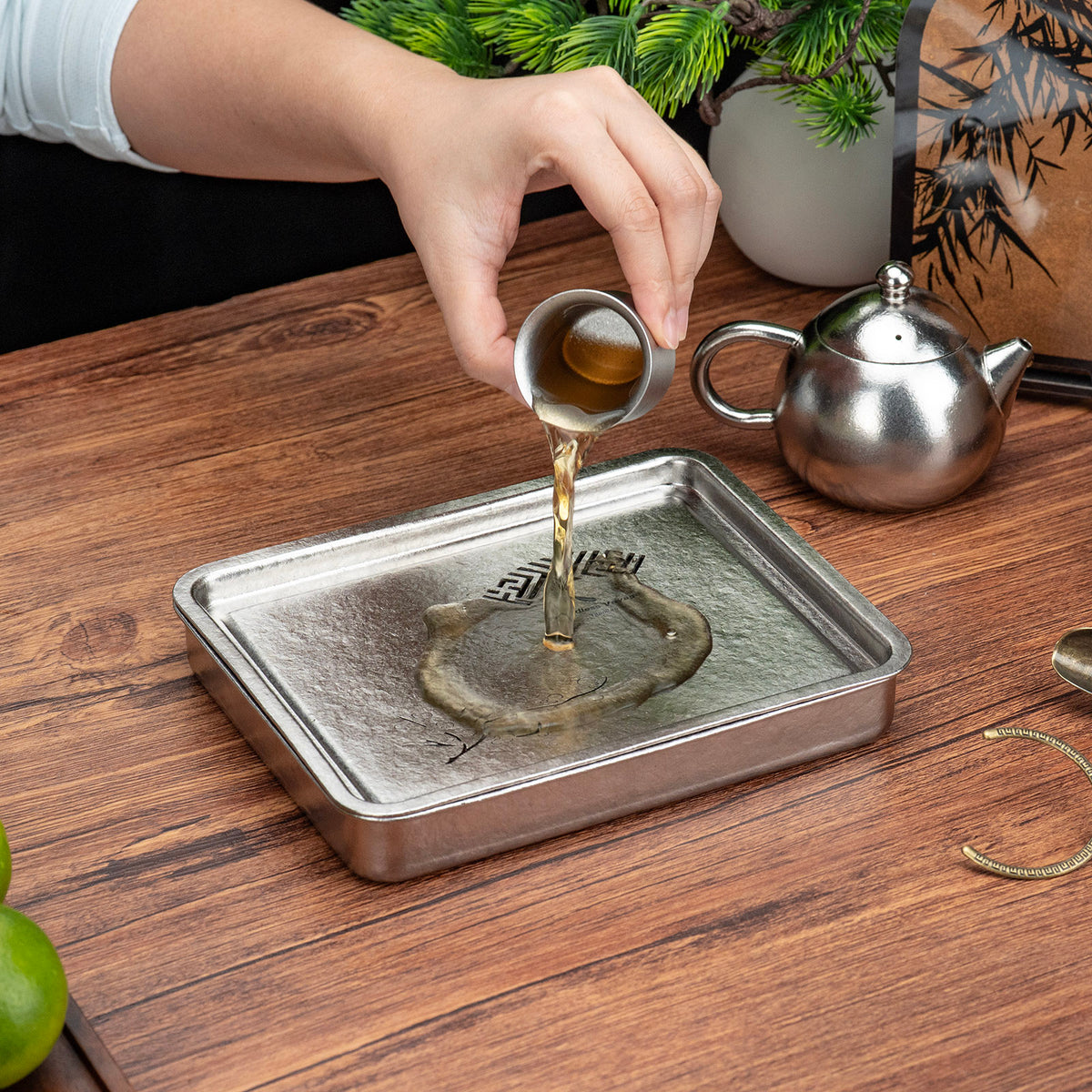 Boundless Voyage Pure Titanium Gongfu Tea Set – Square Tea Tray, 180ml Teapot & 3 Double-Wall Cups, Chinese Tea Ceremony Set