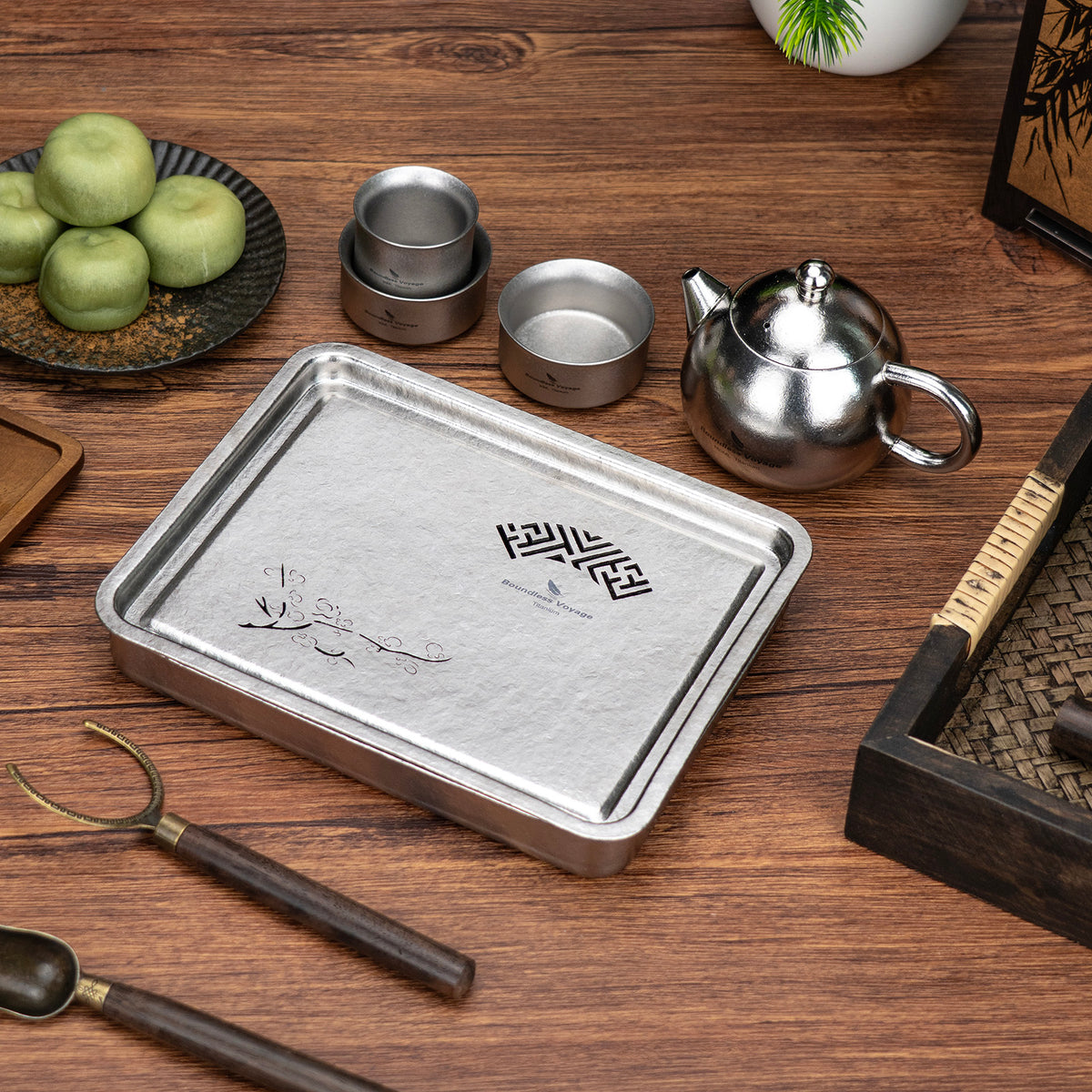 Boundless Voyage Pure Titanium Gongfu Tea Set – Square Tea Tray, 180ml Teapot & 3 Double-Wall Cups, Chinese Tea Ceremony Set