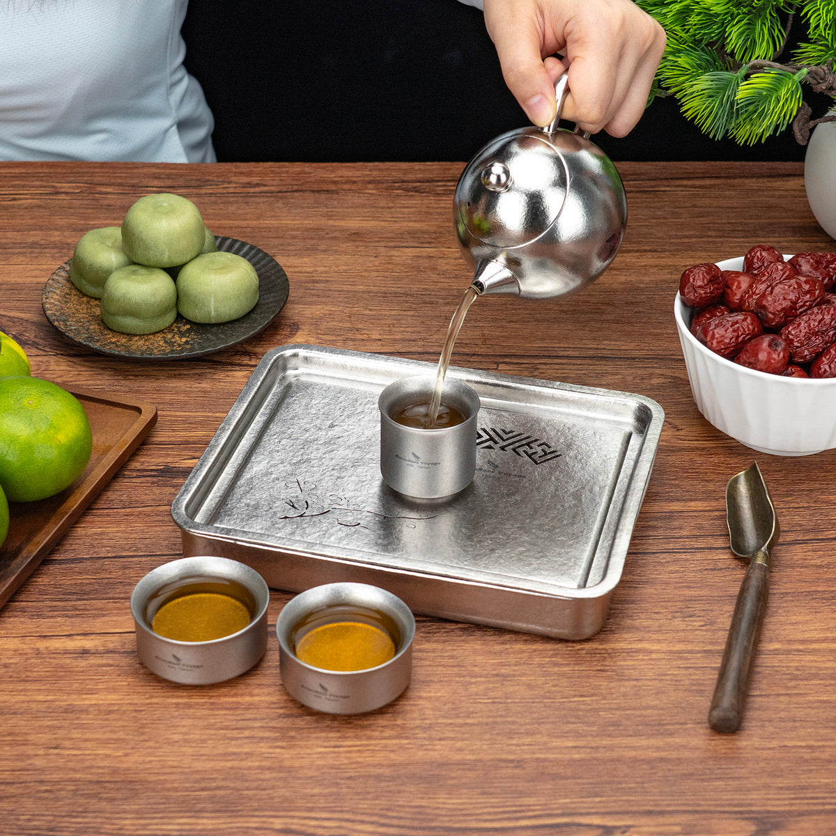 Boundless Voyage Pure Titanium Gongfu Tea Set – Square Tea Tray, 180ml Teapot & 3 Double-Wall Cups, Chinese Tea Ceremony Set