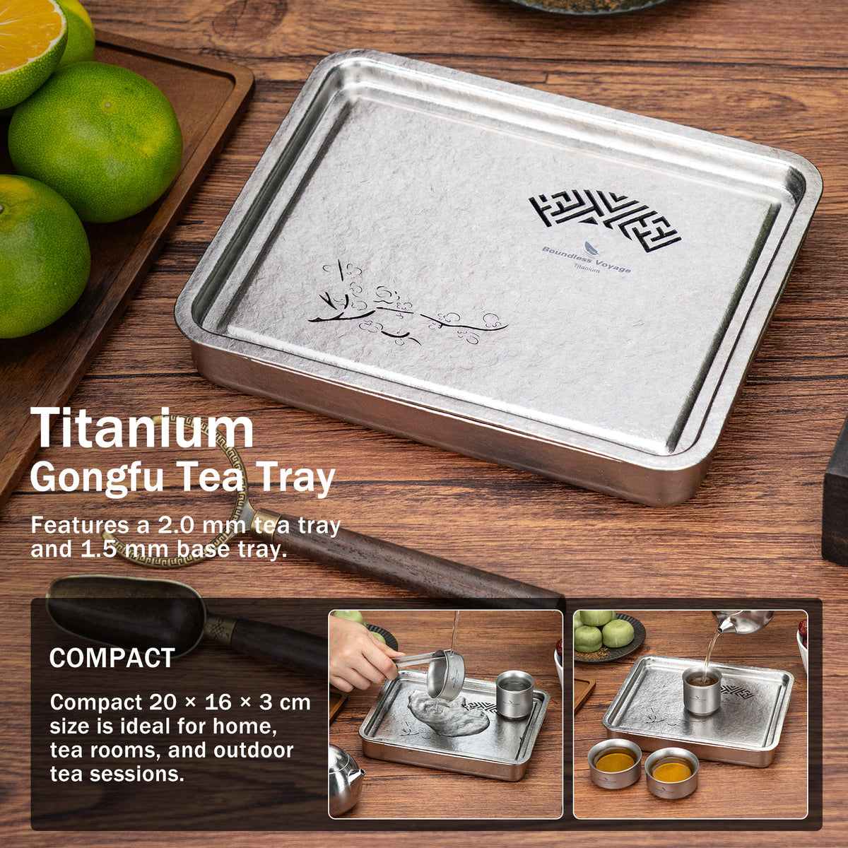 Boundless Voyage Pure Titanium Gongfu Tea Set – Square Tea Tray, 180ml Teapot & 3 Double-Wall Cups, Chinese Tea Ceremony Set
