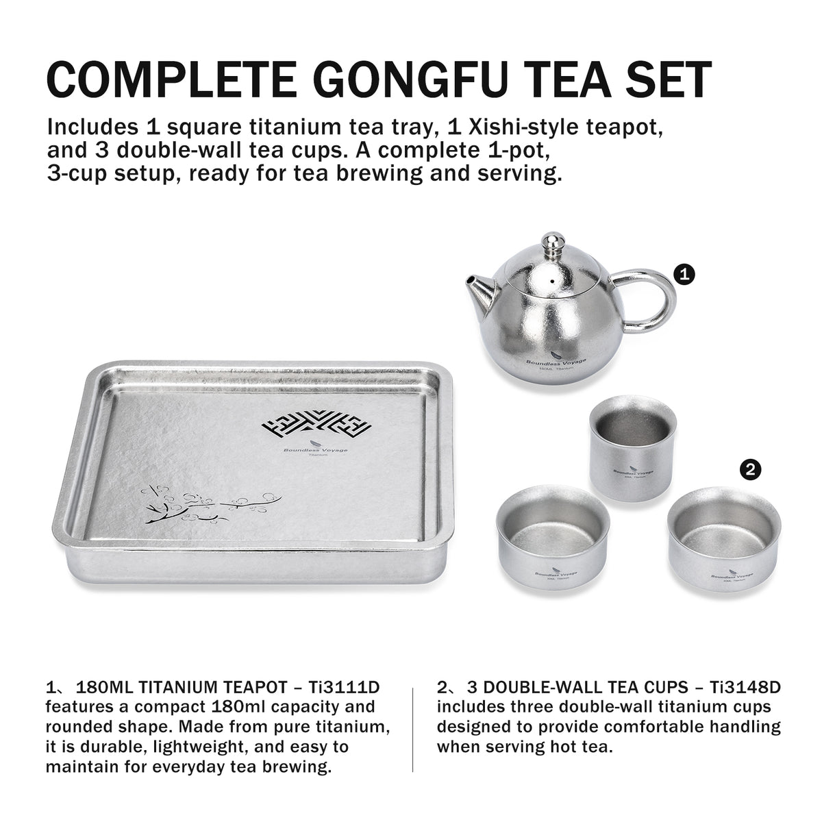 Boundless Voyage Pure Titanium Gongfu Tea Set – Square Tea Tray, 180ml Teapot & 3 Double-Wall Cups, Chinese Tea Ceremony Set