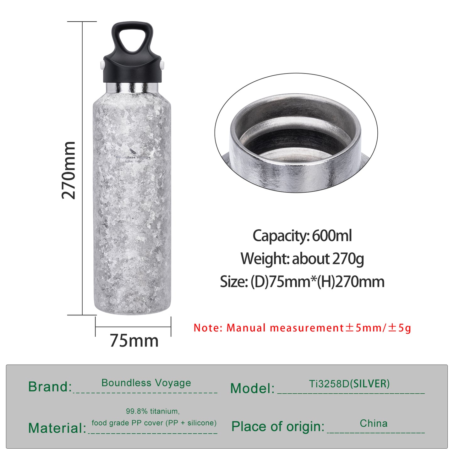 Boundless Voyage Titanium Thermos Vacuum Water Bottle Double-Walled Lightweight Leak-Proof Sport Bottle for Travel Outdoor Office