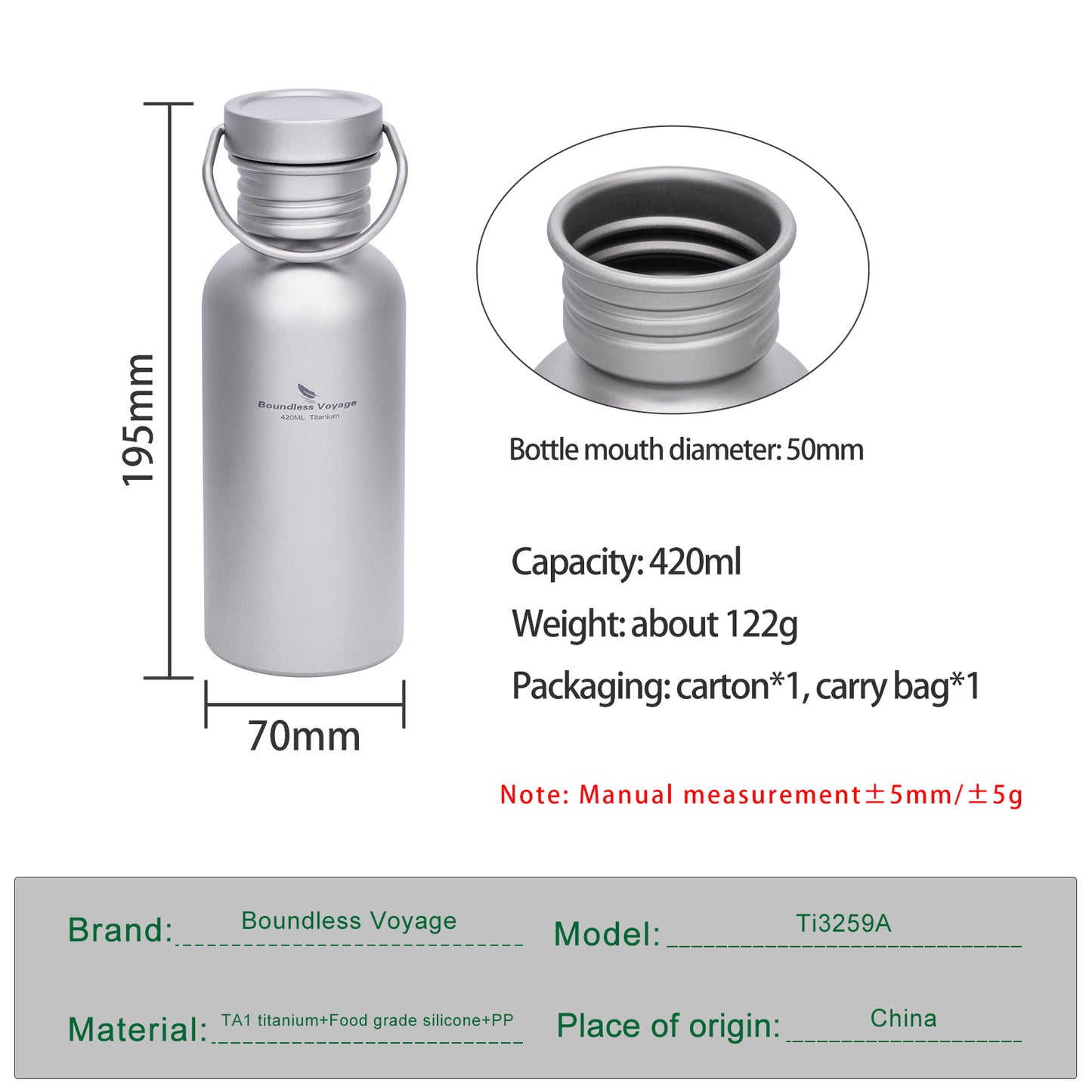 Boundless Voyage Titanium Water Bottle with Lid Wide Mouth Leak-Proof Reusable Sport Drinking Bottle for Camping Hiking Picnic Climbing Running Tea Coffee