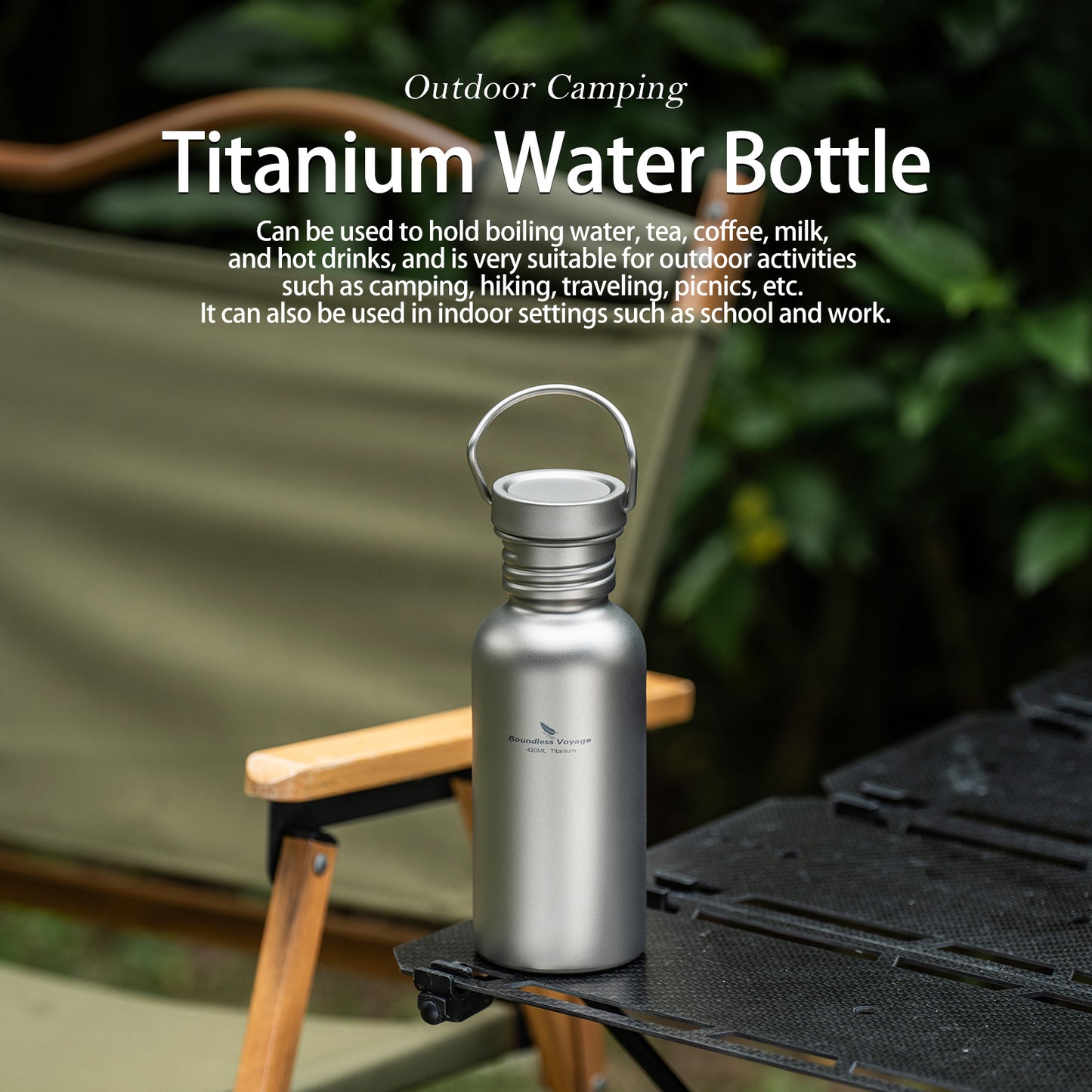 Boundless Voyage Titanium Water Bottle with Lid Wide Mouth Leak-Proof Reusable Sport Drinking Bottle for Camping Hiking Picnic Climbing Running Tea Coffee