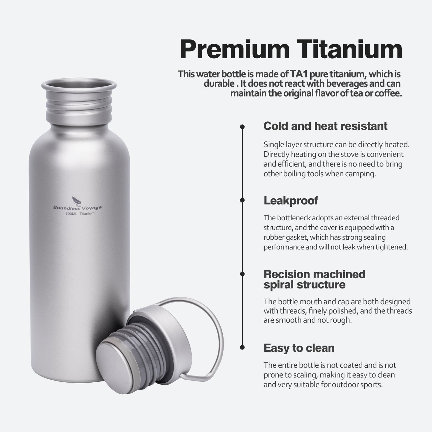 Boundless Voyage Titanium Water Bottle – Ultralight, Leak-Proof & Eco-Friendly Wide Mouth Bottle with Lid for Camping, Hiking & Everyday Use