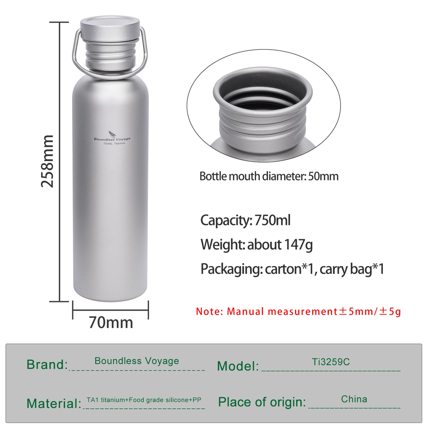 Boundless Voyage 750ml Titanium Water Bottle with Lid | Wide Mouth Leak-Proof Reusable Sports Bottle for Camping, Hiking, Climbing & Outdoor Travel