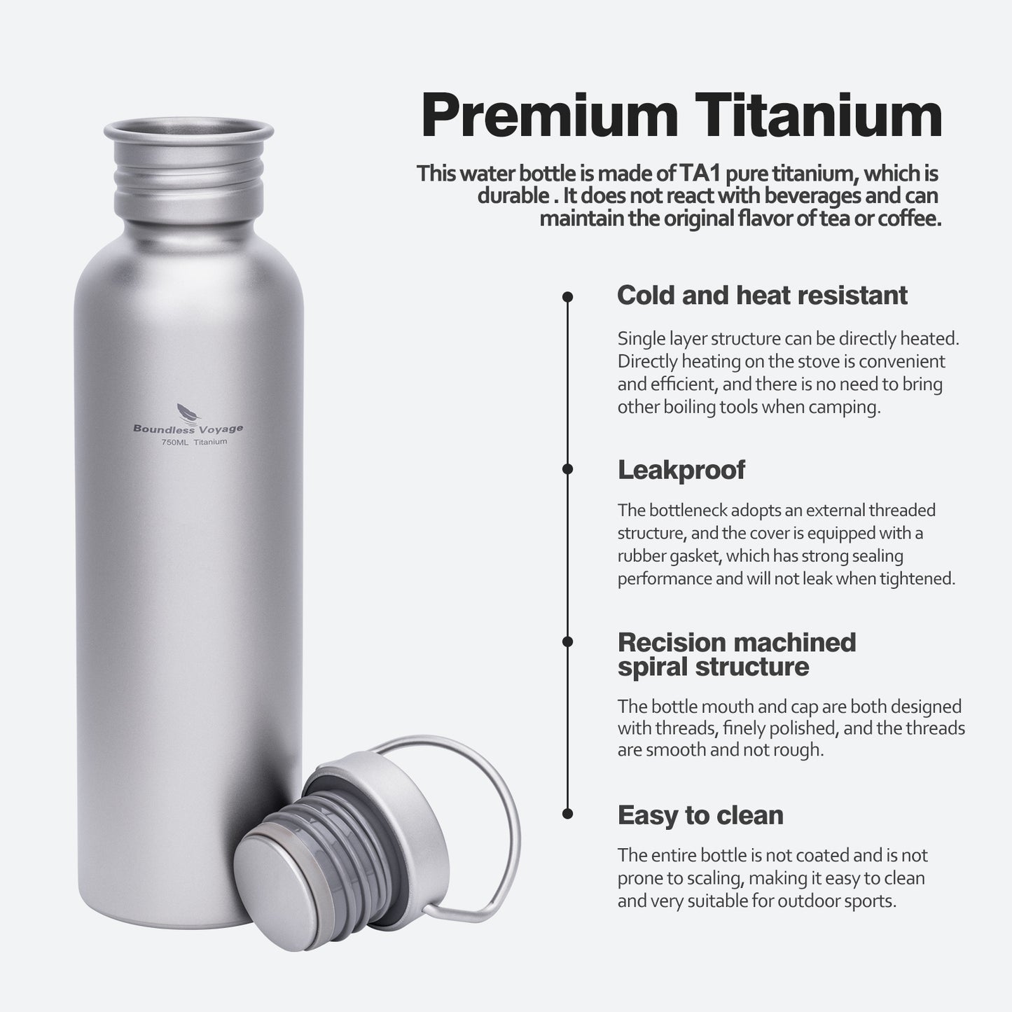 Boundless Voyage 750ml Titanium Water Bottle with Lid | Wide Mouth Leak-Proof Reusable Sports Bottle for Camping, Hiking, Climbing & Outdoor Travel